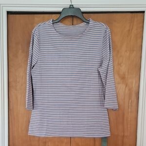 Remidoo Pink and Blue Fitted 3/4 Length Sleeve Tee Striped Blouse Large